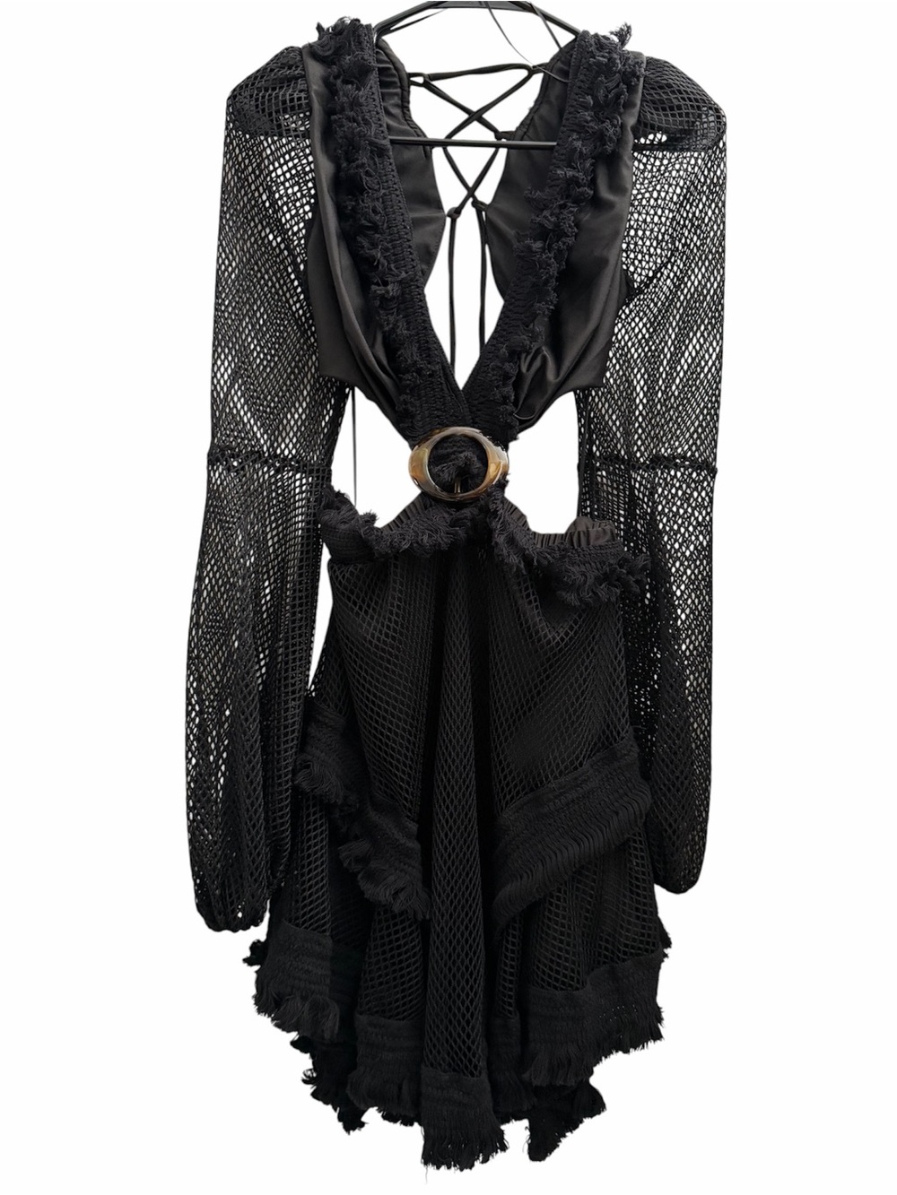 Luxxel Black Mesh Backless Dress with Gold Ring Accent